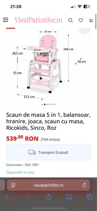 Scaun de masa 5 in 1   Roz cu alb