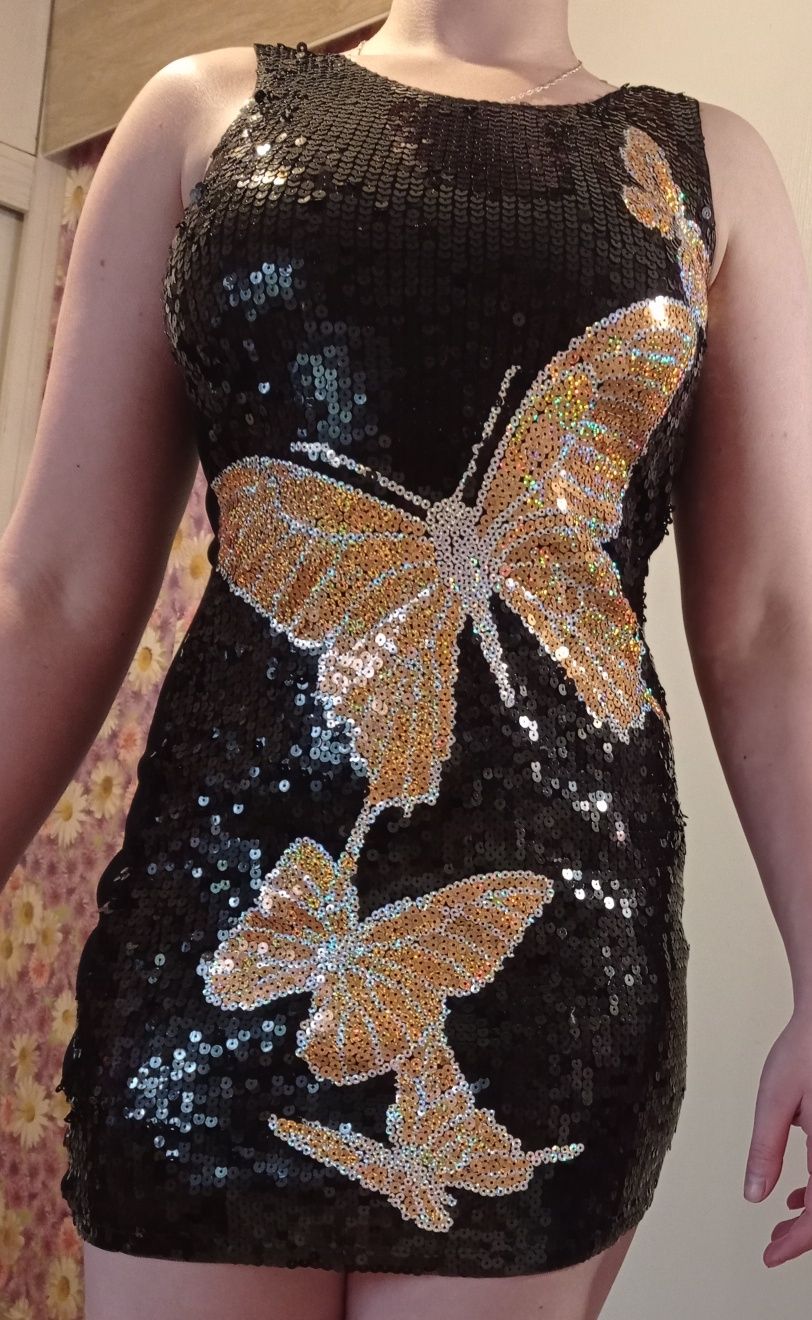 Платье пайетки бабочки новое 42-46 размер плотное красивое женское