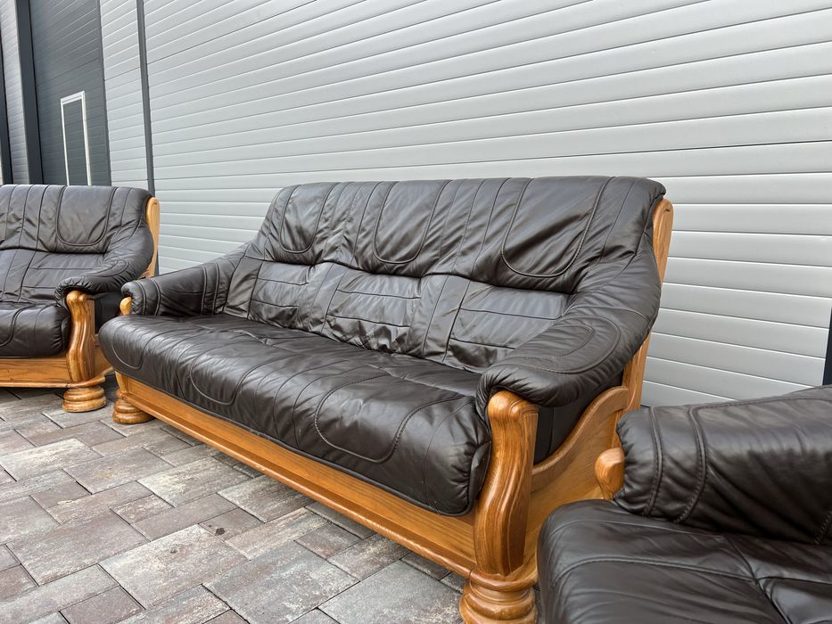 Set canapea canapele 3 - 2 - 1 Lemn Masiv + PIELE Naturala Rustic