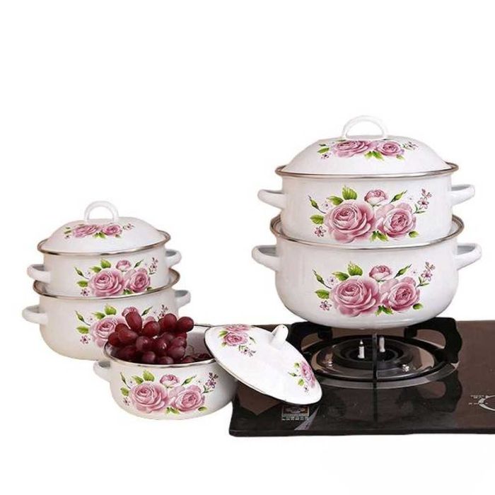 Комплект 5 бр. емайлирани тенджери с незалепващо покритите + капаци