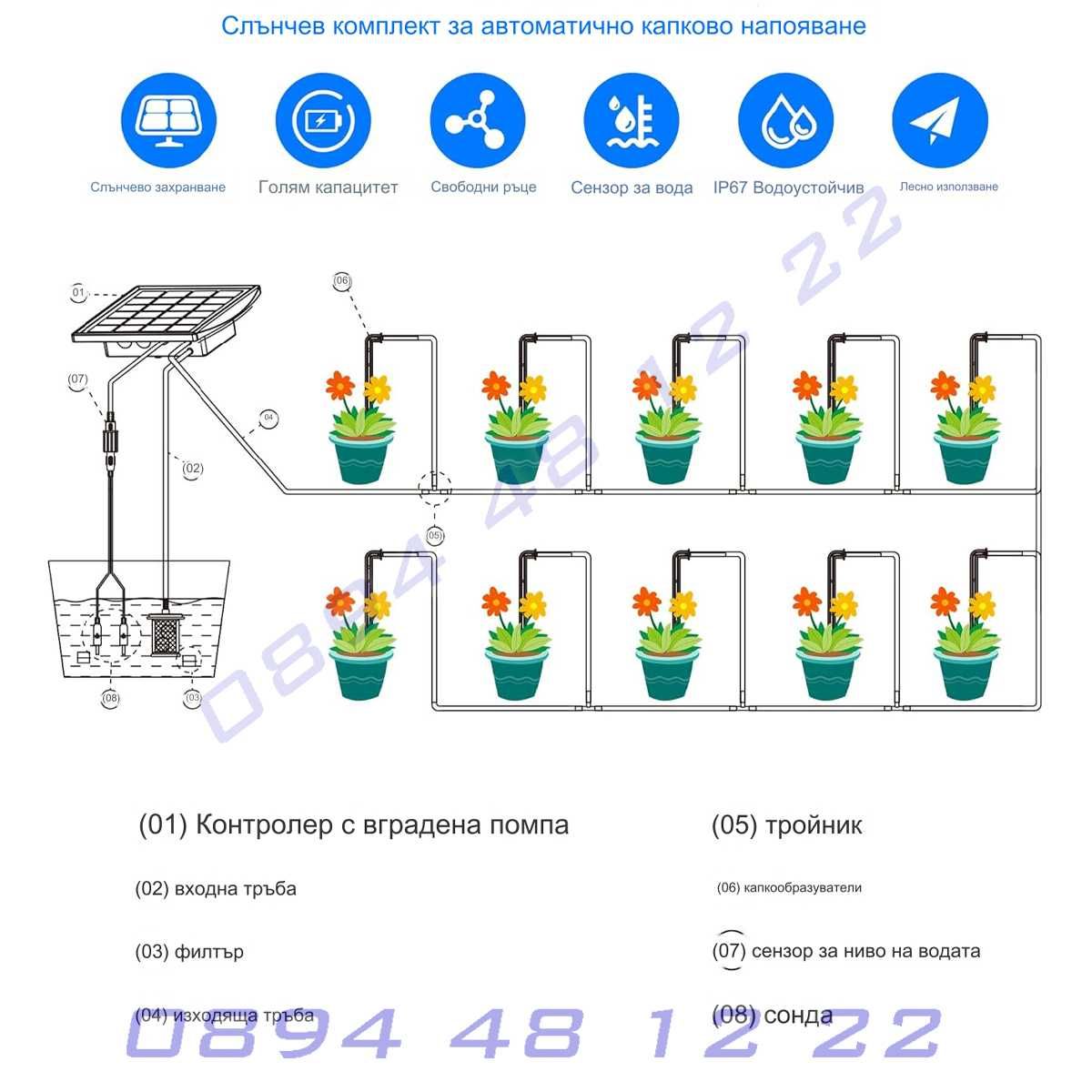 Слънчева система напояване капково соларна енергия сензор вода поливна