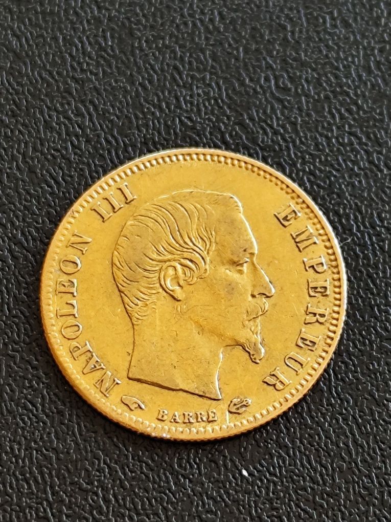 5 франка 1858 год., Наполеон III,злато 1.61 гр.,900/1000 (21.6. Карата