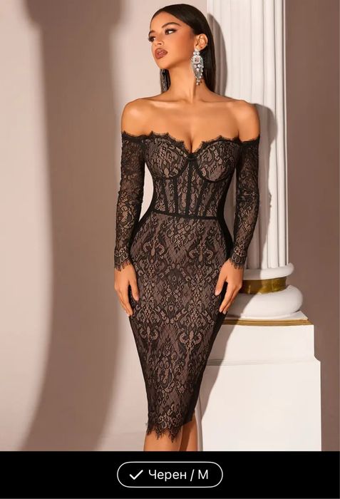 Рокли елегантни черни дантели Червени обувки естествена кожа