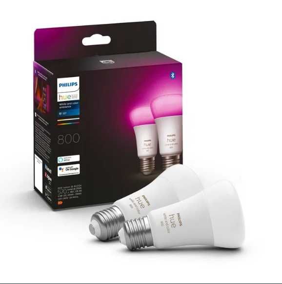 Philips Hue 2 Becuri Led Alb-Color E27, 6.5W Bluetooth Wi-Fi