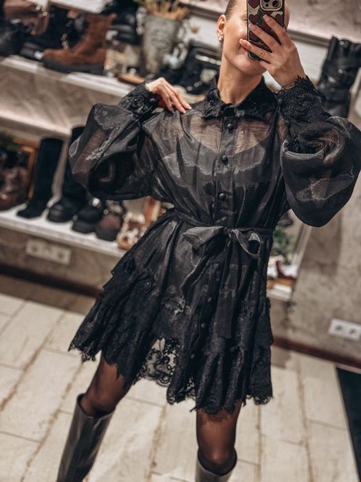 Рокля лен с памук официална дантела