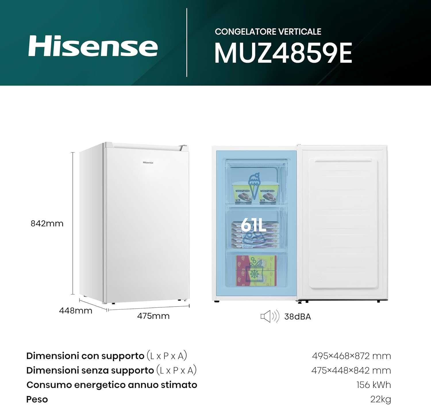 Вертикален фризер, Бял, 61 л Hisense MUZ4859E