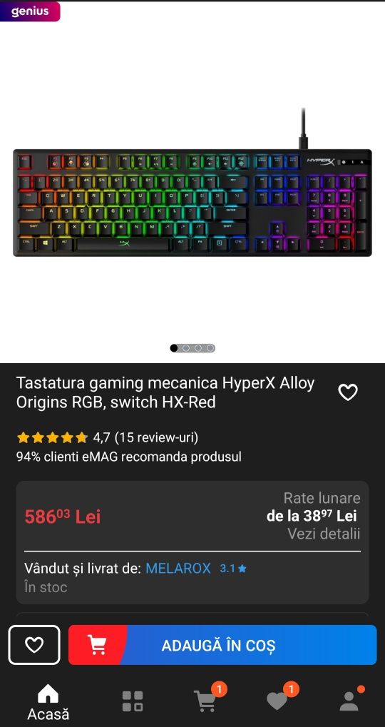 Vand Tastatura HyperX Alloy Origins RGB 100% Red Switch
