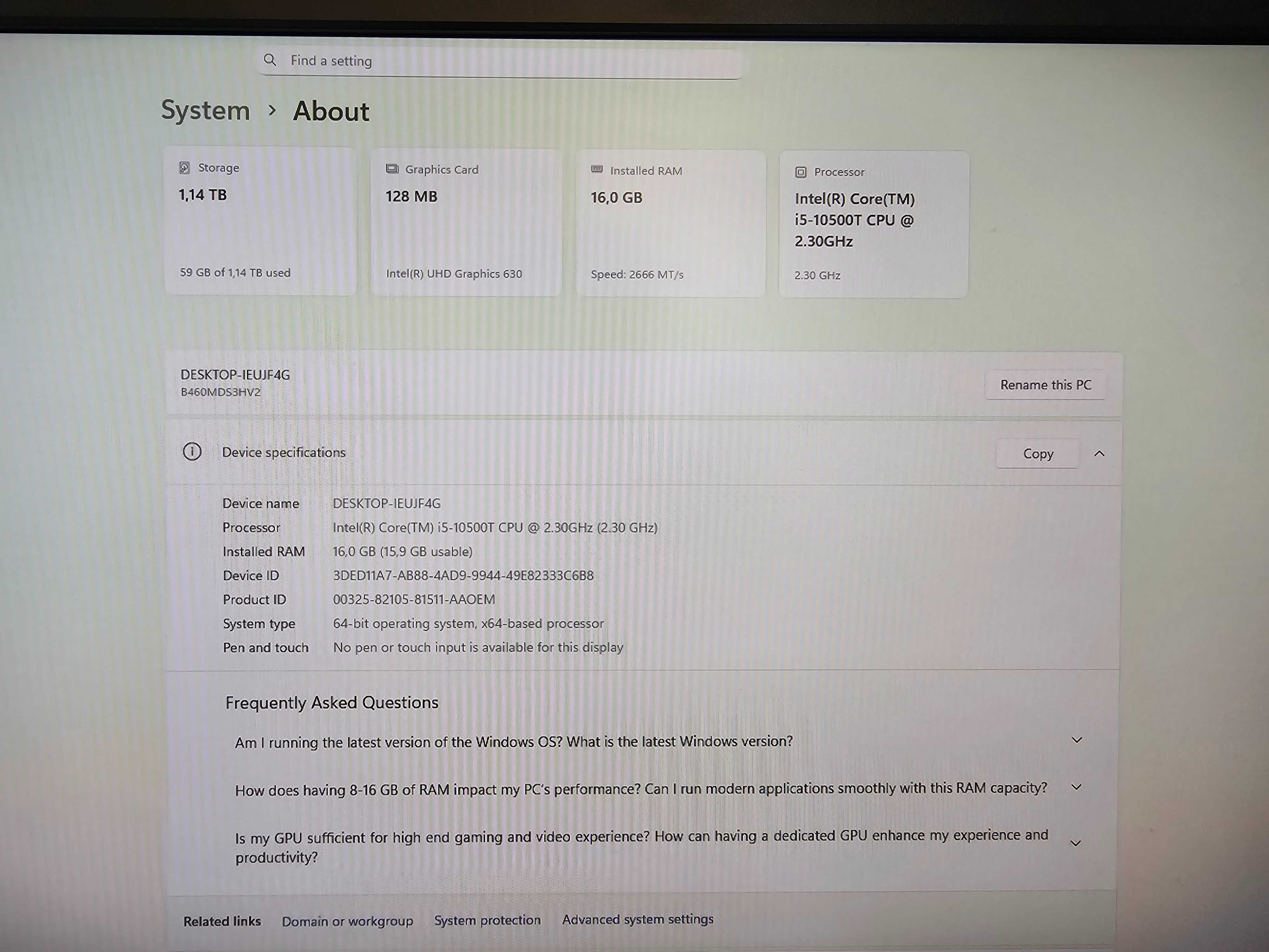 PC intel i5 10500|4.50 Ghz|16GB 2666Mhz RAM|256GB SSD + 1TB HDD|Win 11