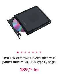 DVD-RW extern ASUS, USB C, 4ani garanție,plus adaptor USB 3.0,