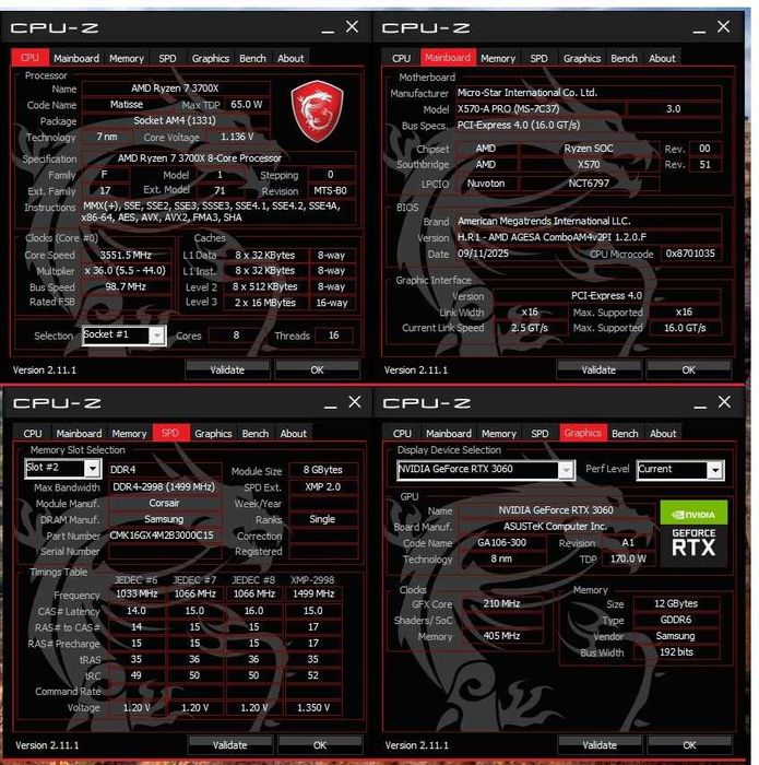 PC gaming Ryzen™ 7 3700x/ RTX 3060 12GB/ 32 Gb RAM/ SSD 240GB/ M2 1TB