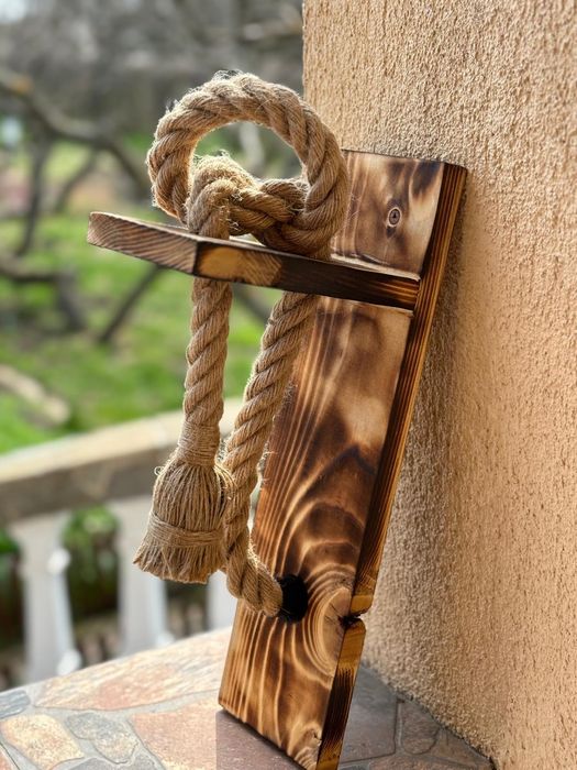 Aplica rustica lemn si funie handmade, finisaj antichizat