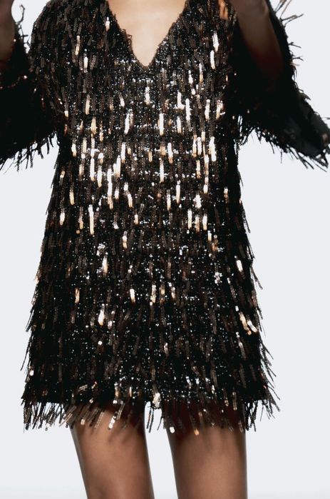 Уникална рокля зара в кафеви паети