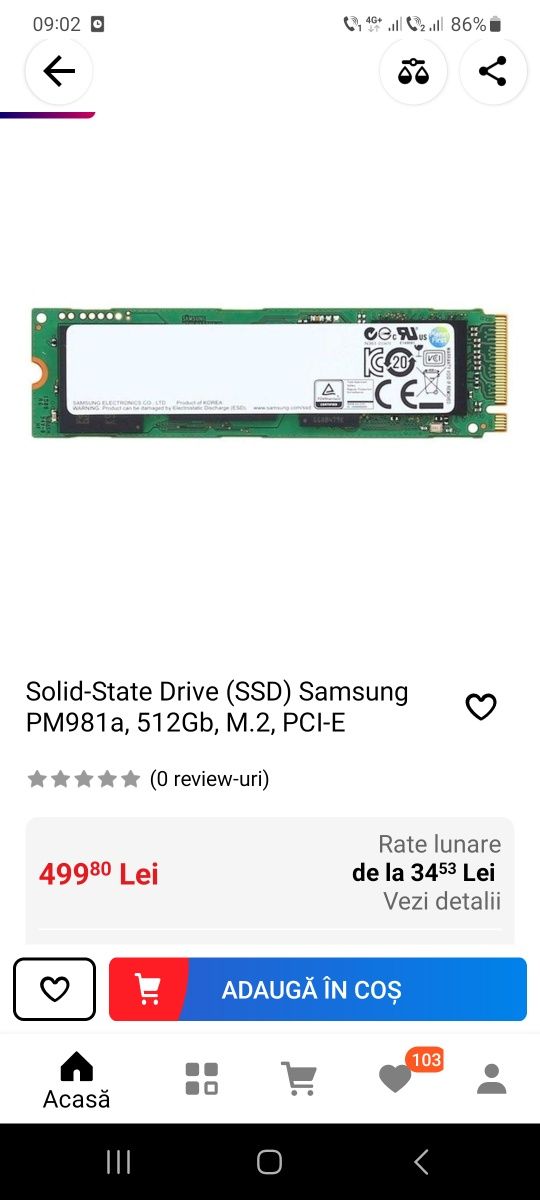 SSD,Samsung,PM981a,512 Gb,NVMe 3500 MB citire, 2900 MB scriere