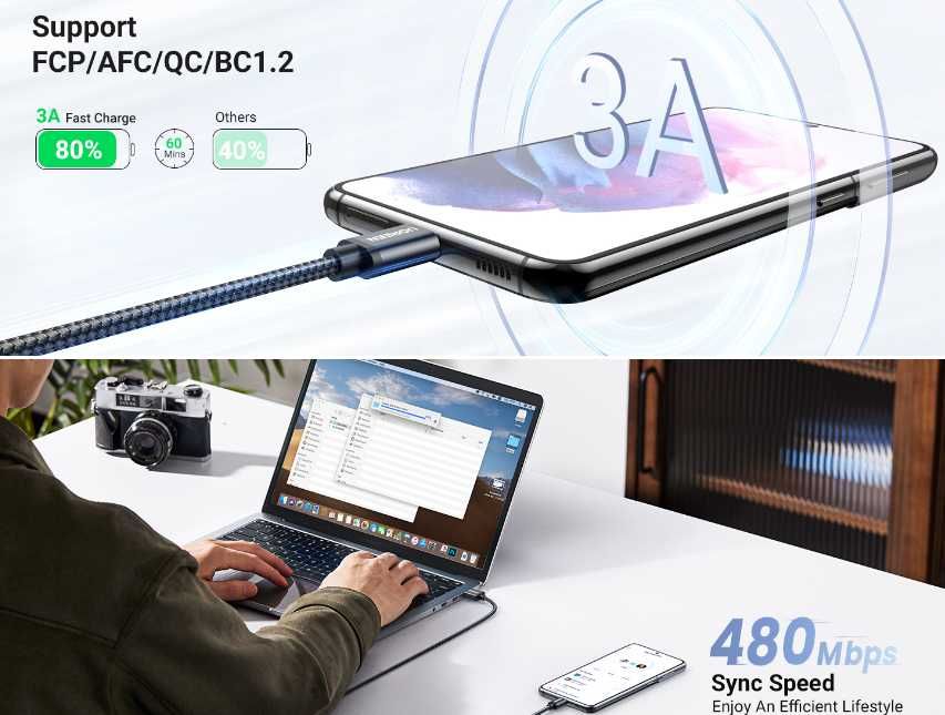 UGREEN кабель USB 2.0 to Type C, 3A Fast Charging 480 Mbps 1 и 2 метра