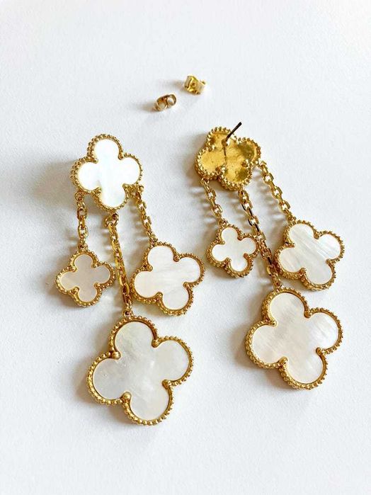 Луксозни дамски обеци с бели детелини Van Cleef – сребристи и златни