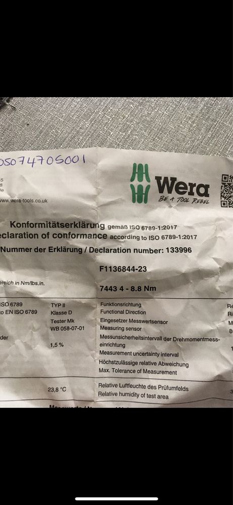 Динамометрична отвертка, 4 - 8,8 Nm, 1/4'', Wera Kraftform 7443