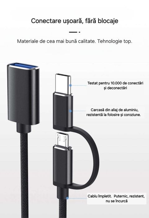 Adaptor/Cititor date 2in1 Usb la UsbC/Micro. Citește Stick USB+HD.