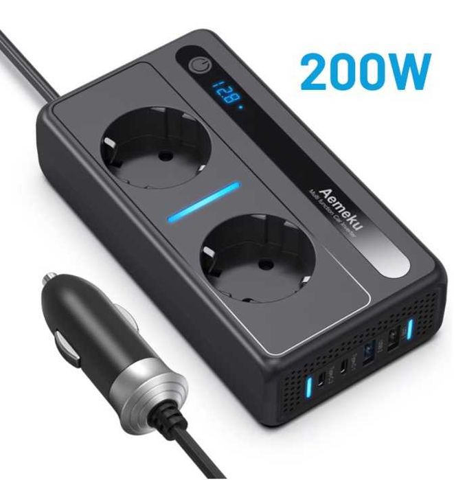 Invertor Auto 12/24 V, Putere 200W/300W, 2 Priza EU, 2 USB, 2 Type-C