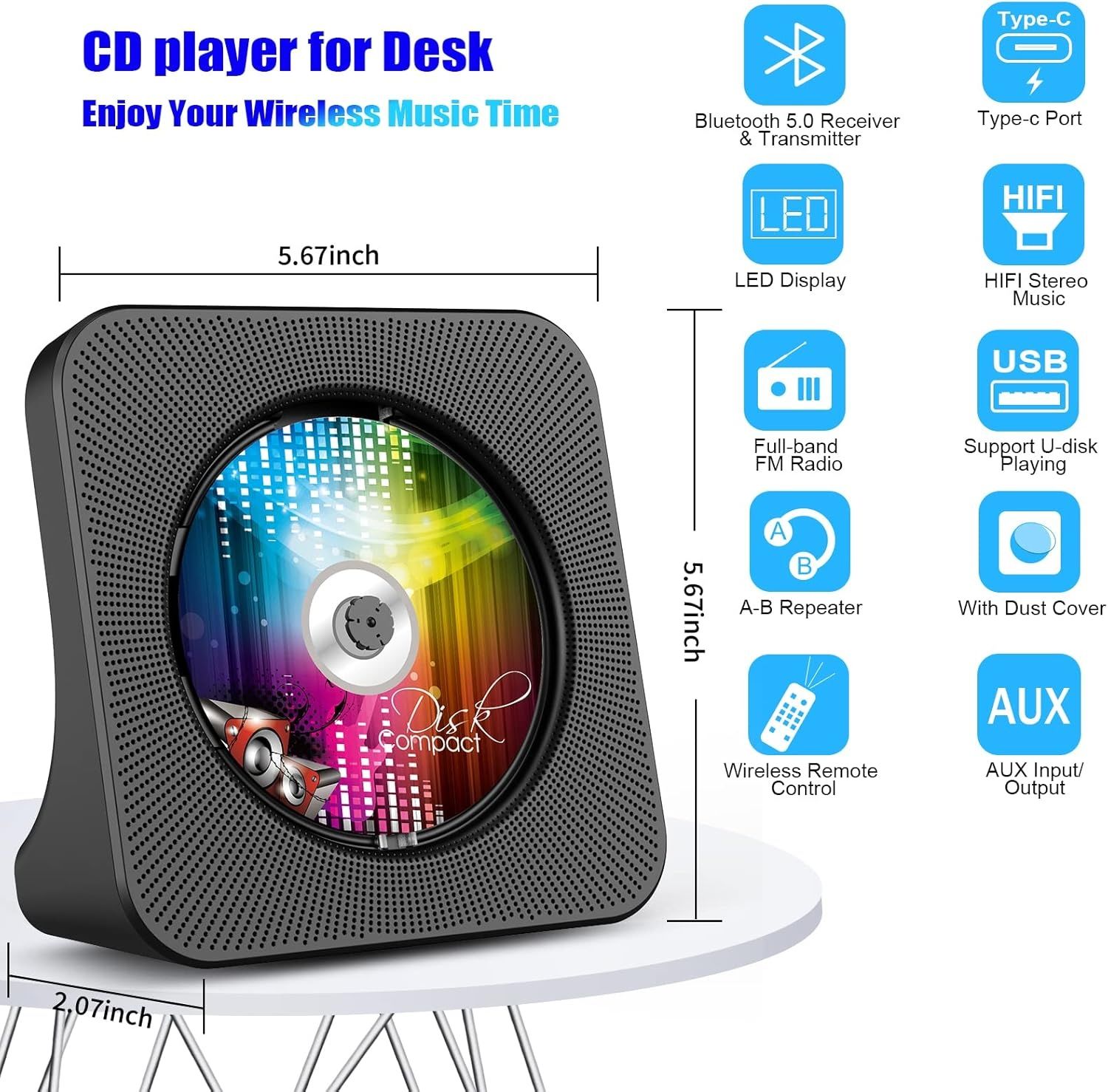 6в1 CD плеър + Bluetooth 5.0 HiFi високоговорител + FM радио + USB C