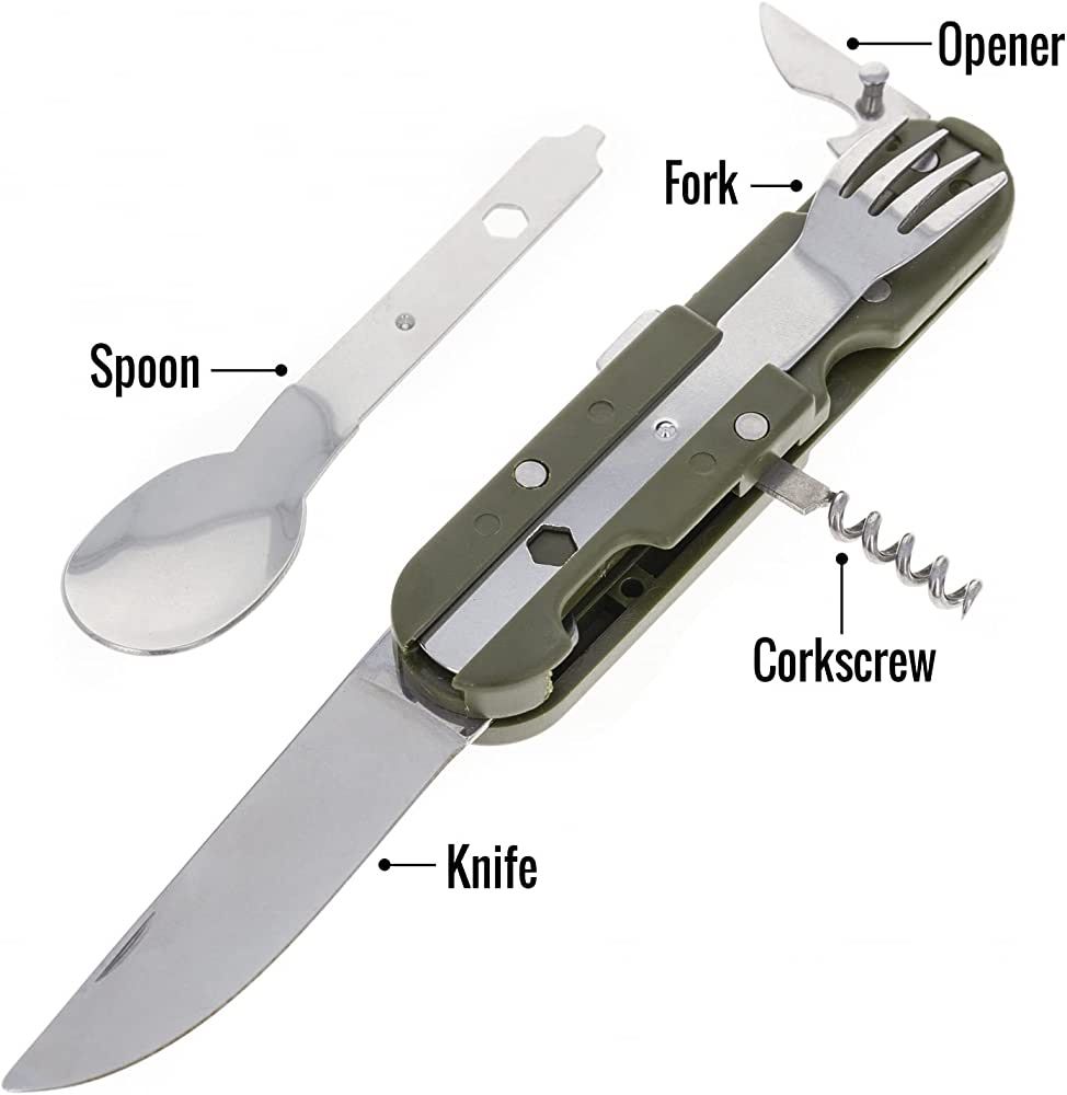Джобен нож с прибори за хранене 7в1 преносим комплект калъф за колан