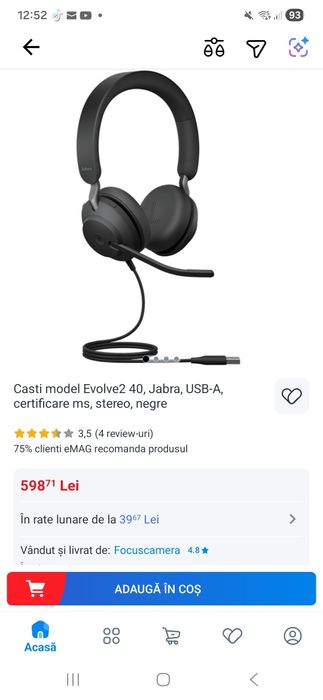 Casti cu microfon cu fir Evolve2 40, Jabra, USB-A