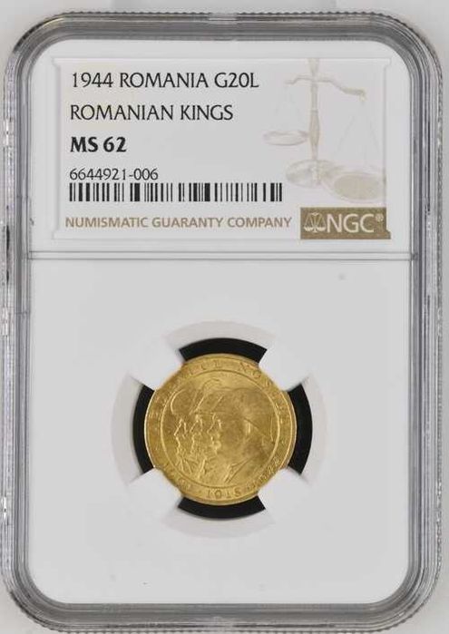 Moneda AUR 20 lei 1944 Ardealul Nostru MS64, MS63, MS62, AUTENTIFICATE