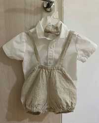 Бебешки ленен комплект с риза и панталонки и папийонка, 12-18м