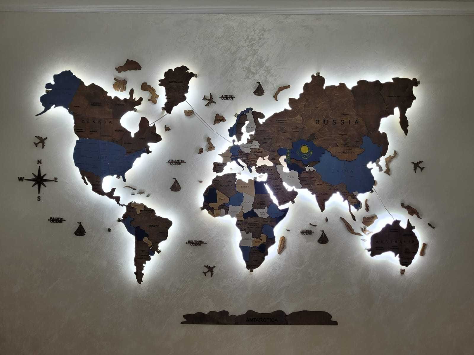 Декоративная карта мира из дерева