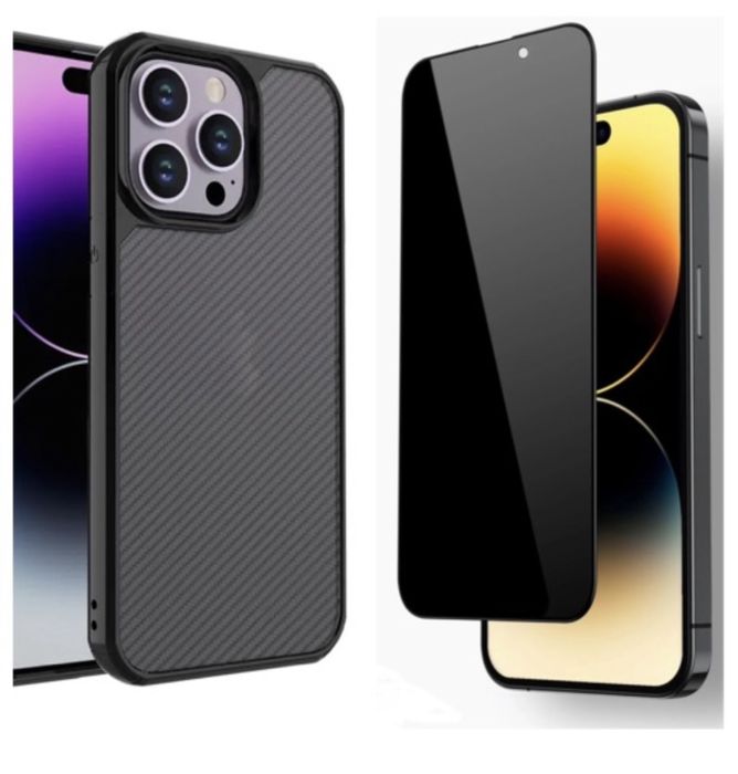 Iphone 13/14/15/PRO/MAX Husa Matte Carbon Semi Clara si Folie Sticla