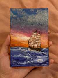 Картина гуашью «Корабль на морском пейзаже»