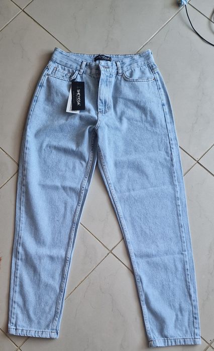 Blugi denim albastru deschis cu talie inalta