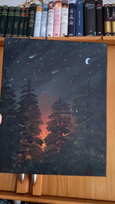 Tablou autentic-pictură acrilice-pădure-lumina dintre brazi