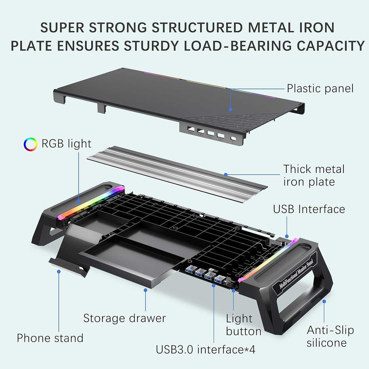 Чисто нова Стойка за монитор MOOJAY S57, RGB светлини, 4 USB 3.0 порта