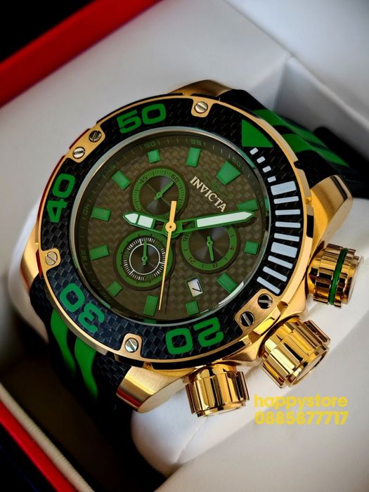 INVICTA Carbon Gold/Green 52 mm, Инвикта нов ръчен часовник
