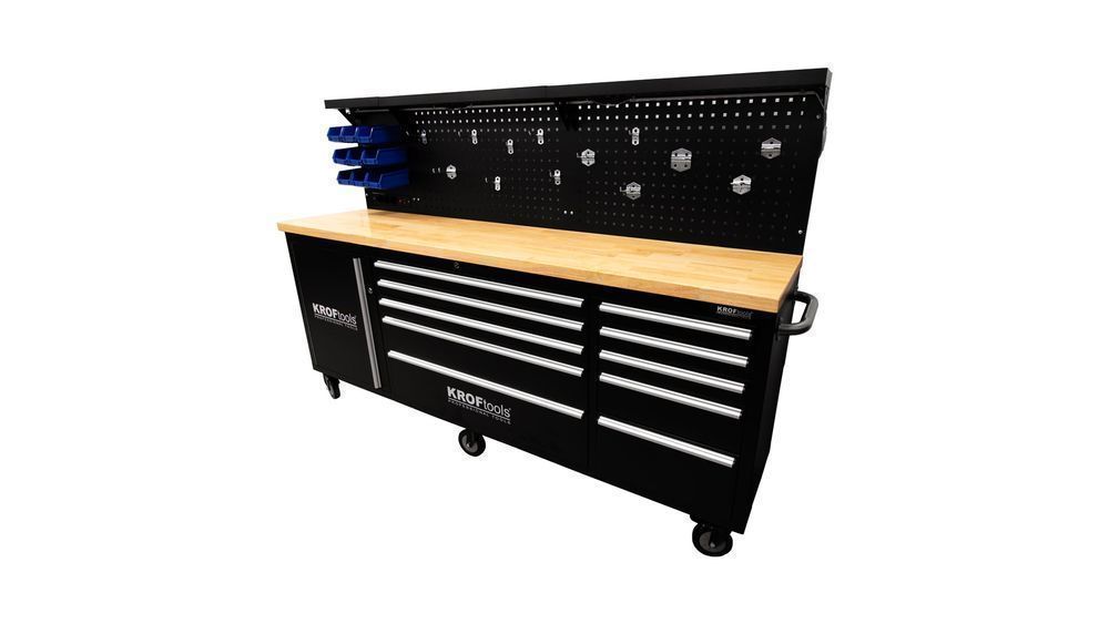 Banc de lucru metalic profesional 10 sertare, blat lemn masiv, panou i