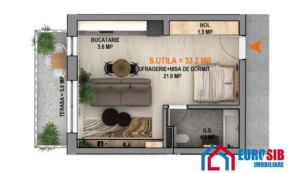 Garsonieră tip Studio 33,20 mp utili si balcon 5,80 mp Magnolia