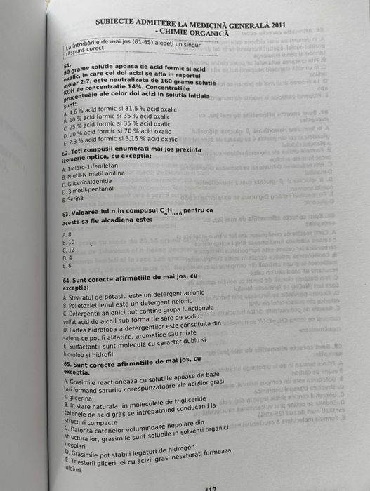 Chimie Organica. Teste admitere UMF 2012