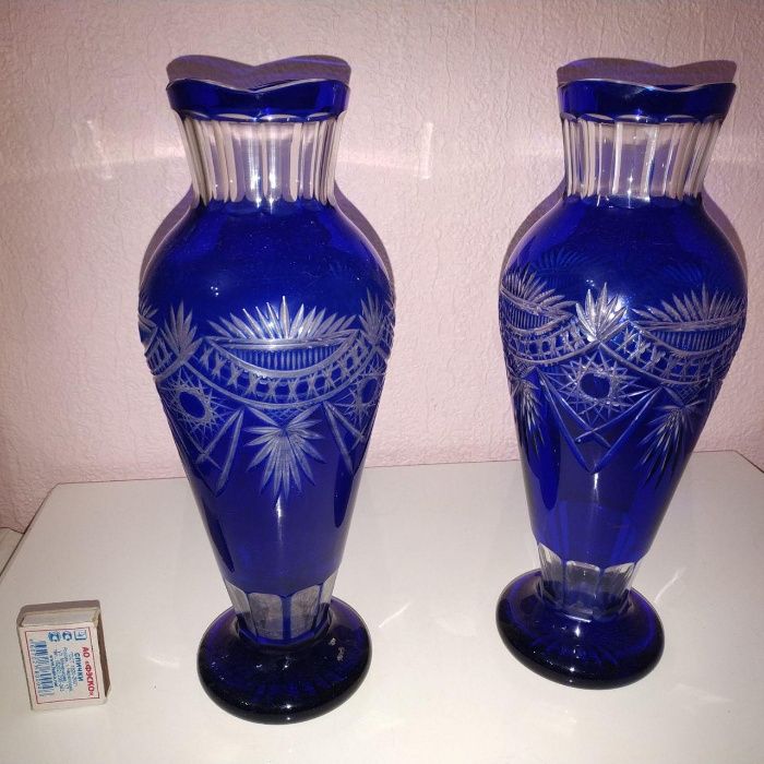 Синий хрусталь, парные, 1950 г, хрустальные вазы, идеальное состояние