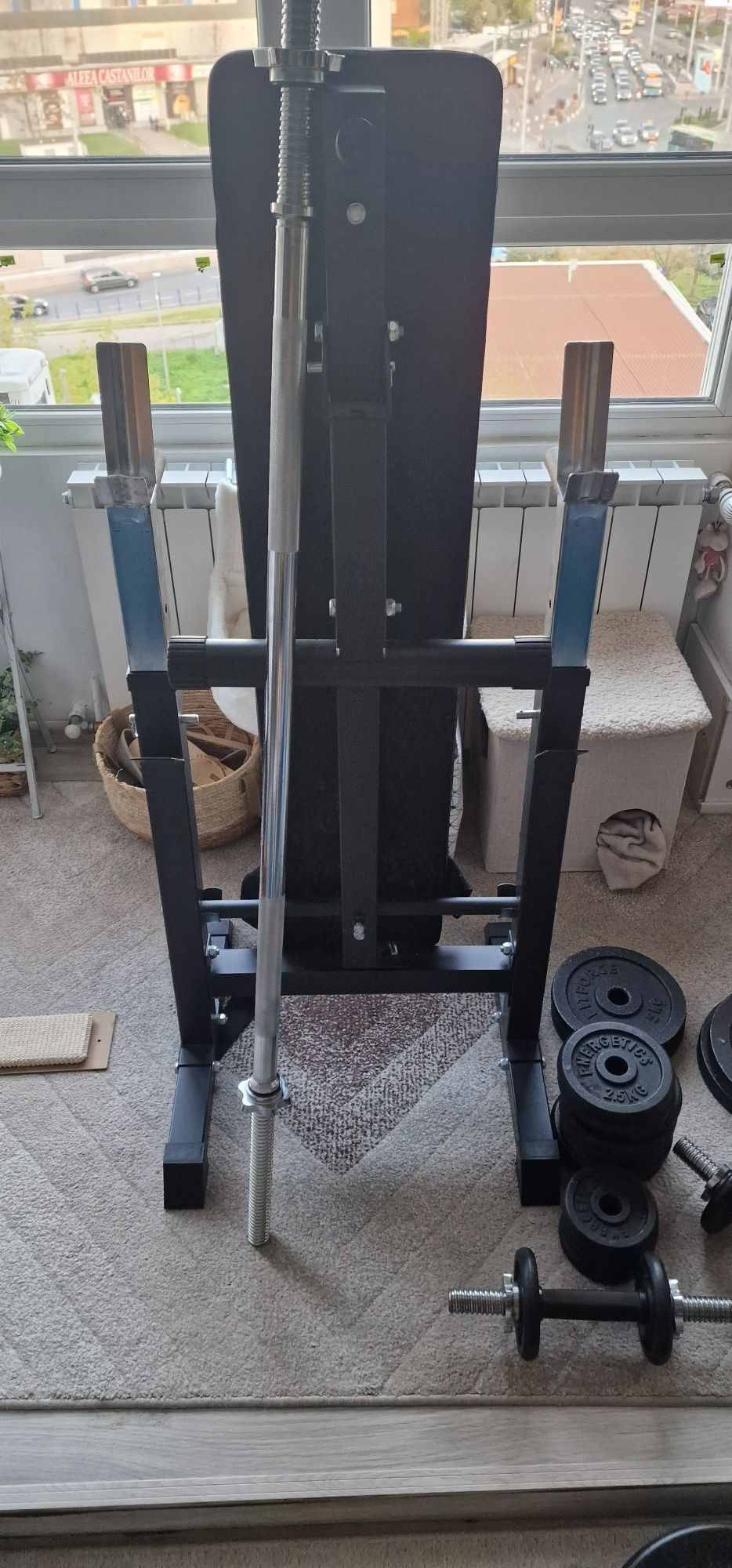 Set fitness banca pliabila, bară, gantere reglabile
