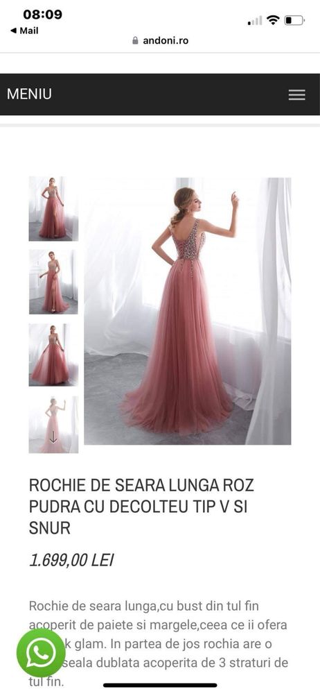 Rochie de seara lunga roz pudra cu decolteu tip V si snur