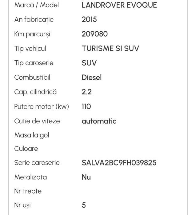Range ROVER 2015 ușor avariat perfect funcțional 2.2 D