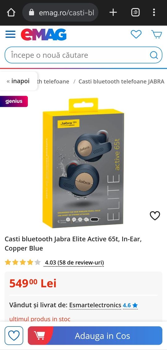 Casti bluetooth Jabra Elite ACTIVE 65t, In-Ear, Copper Blue