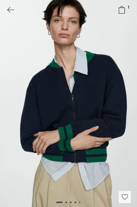 Бомбър жилетка Мразмер MANGO плетиво суитшърт яке тъмносин зелен цип