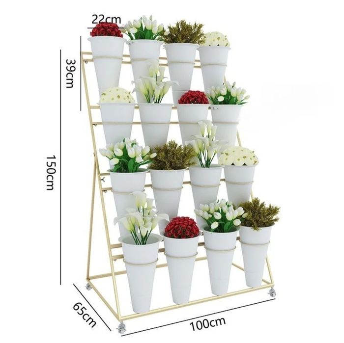 Suport etajat pentru flori cu roti 16 ghivece albe 100 x 65 x 150 cm