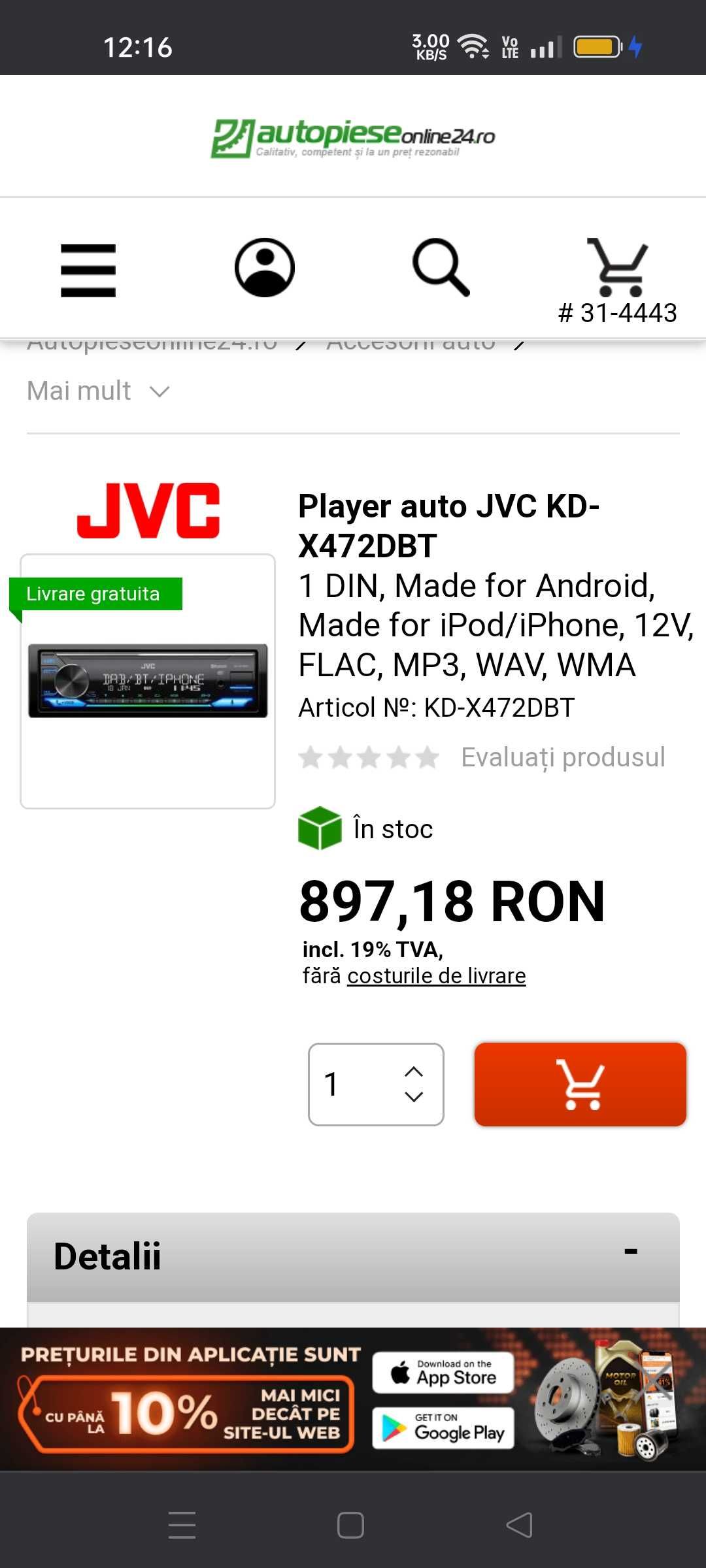 Radio-Casetofon Mașină JVC  Nou-Nouț USB+Tel. (Bluetooth)