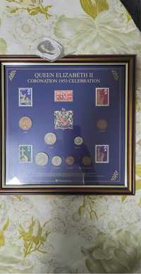 Tablou cu monede si timbre de la incoronarea Reginei Elizabeth a II-a