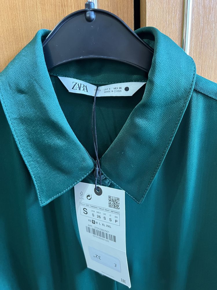 Camasa Zara Vascoza S M verde smarald cu maneca lunga