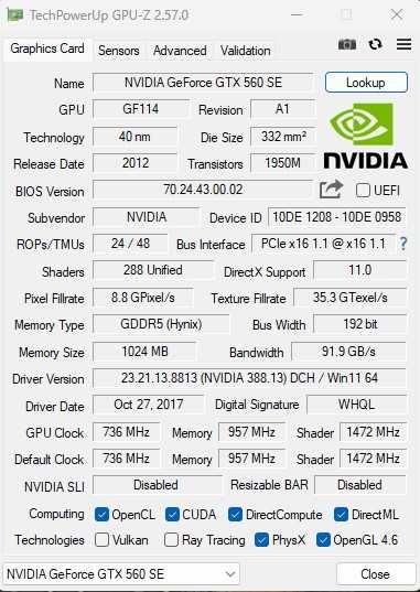 NVIDIA GeForce GTX-560 SE GDDR5 1028Mb.