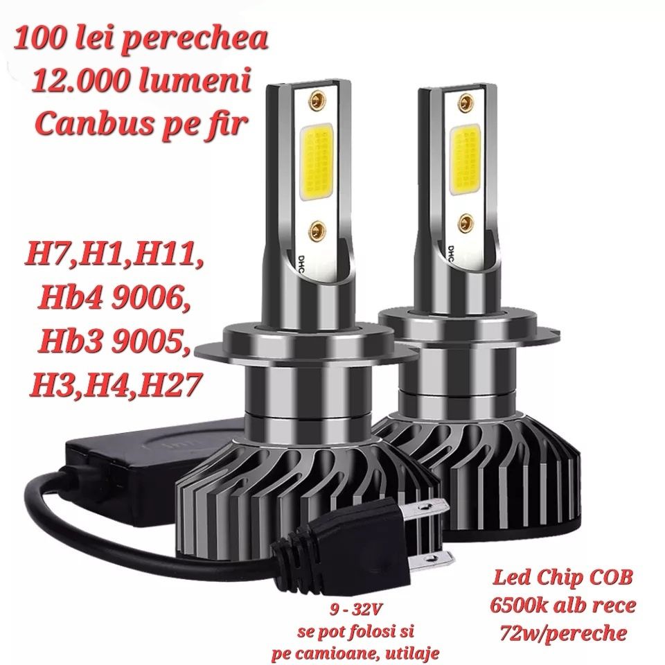 Set 2 becuri LED H7 H3 H1 H4 H11 HB4 H15 alb rece canbus 12.000 lumeni