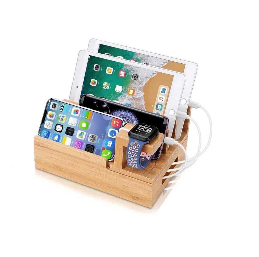 Statie Incarcare, telefoane / Tablete, Bambus 5 Porturi USB, Bambus